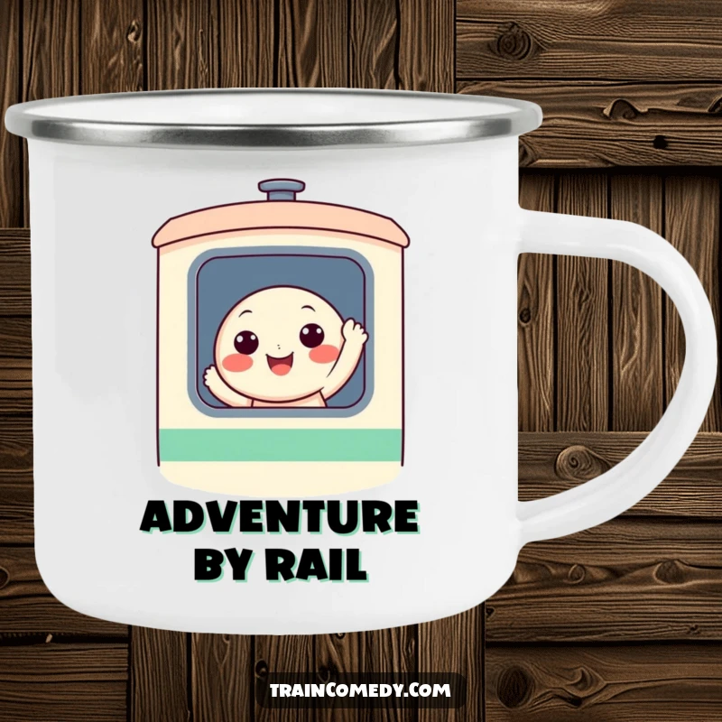 Funny, cheerful character waving from a stylized train window on a sturdy camping mug, perfect for sipping on the go.