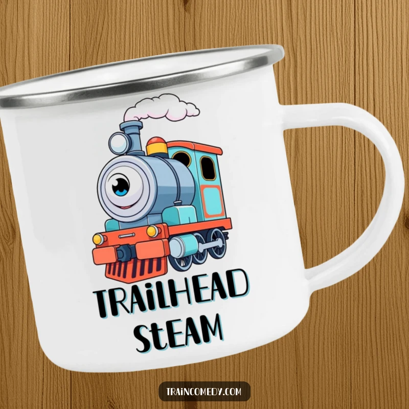 Funny Train Engine Camping Mug: A determined train engine puffs steam with excitement, perfect for outdoor adventures and humor.