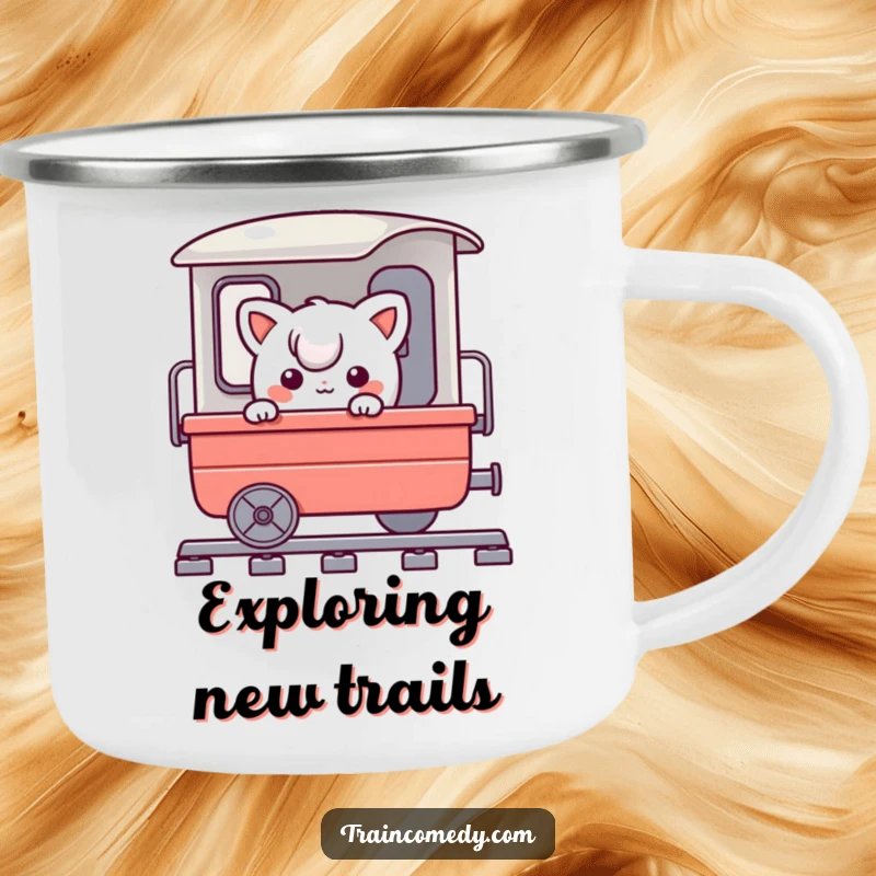 Funny camping mug featuring a playful character comically peeking around a train cart in a scenic outdoor setting, perfect for adventurous souls.