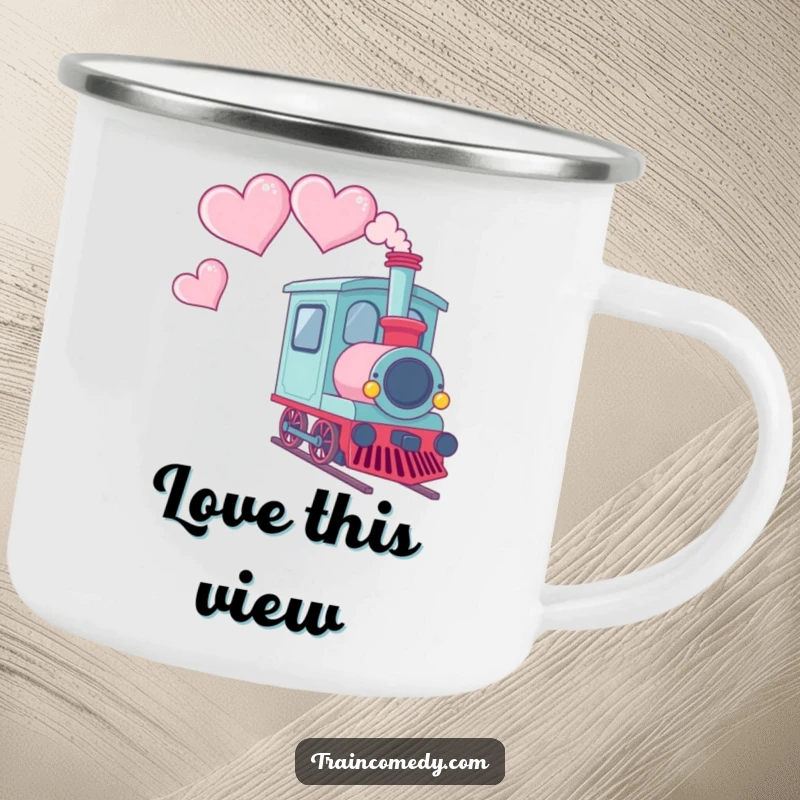 Funny camping mug featuring a Kawaii train car with smoke shaped like hearts trailing behind, designed for outdoor fun.