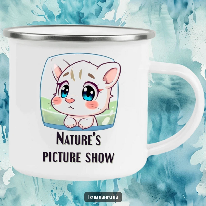 Funny enamel camping mug featuring a curious character with its nose pressed against glass, intently watching the scenery during outdoor excursions.