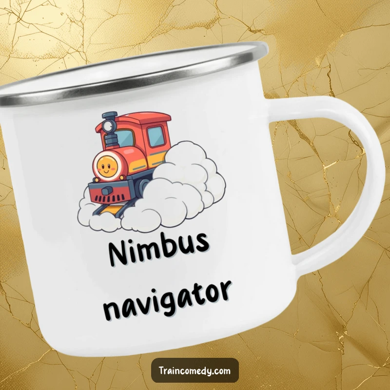 Funny camping mug featuring a train character playfully interacting with soft, fluffy clouds, perfect for enjoying beverages during outdoor adventures with a dreamy theme.