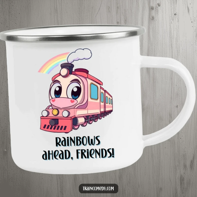 Funny camping mug featuring a wide-eyed train watching a rainbow, perfect for sipping hot beverages during outdoor adventures with a touch of humor.