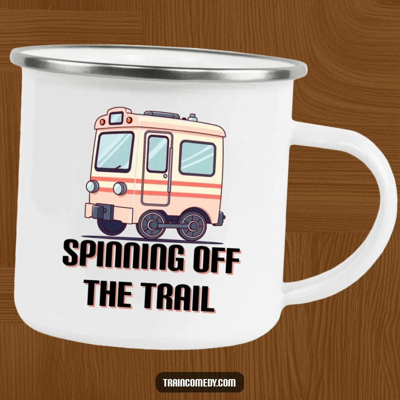 Funny enamel camping mug showing a dizzy train car with wheels spinning in a blur. Great for outdoor enthusiasts.