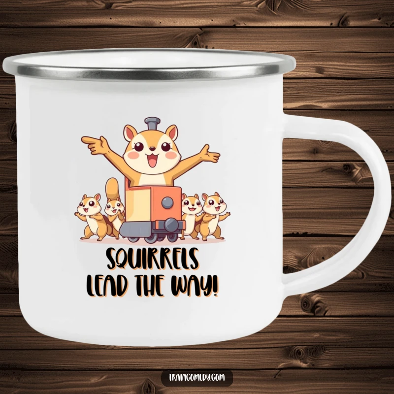 Funny camping mug featuring a train character with outstretched arms being pulled by flying squirrels, perfect for enjoying beverages during outdoor adventures with a whimsical theme.