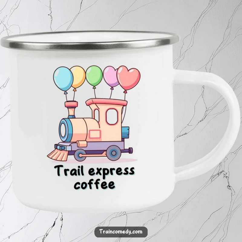Funny enamel camping mug with a whimsical train and balloons, ready for adventure.