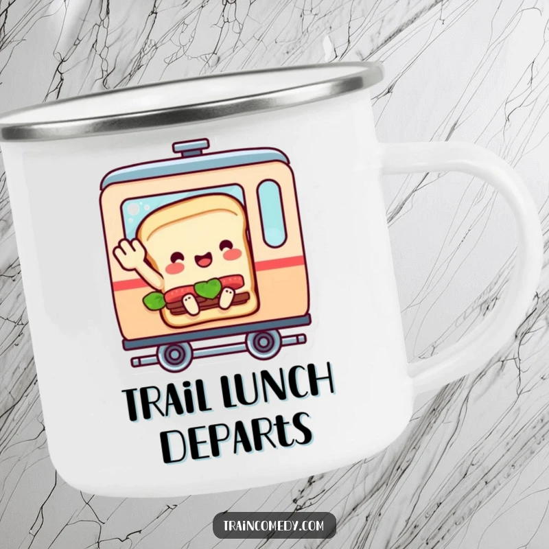 Funny camping mug with a sandwich character in a train car, waving a happy goodbye, ready for humorous outdoor excursions.