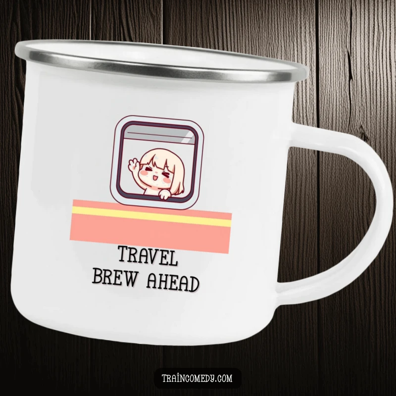 Funny enamel camping mug with a cute character comically waving from inside a stylized train window.