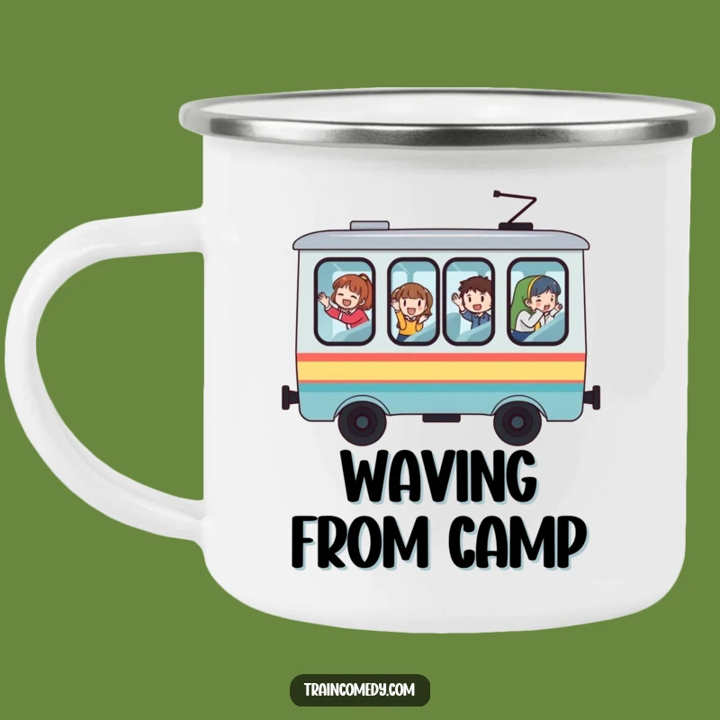 Funny Whimsical Train Camping Mug, Durable Windows, Waving Passengers - Adventure Fun!