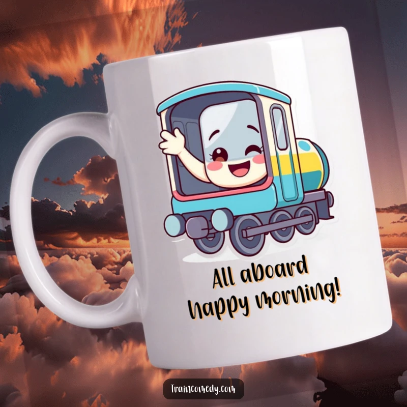 Funny train mug with a smiling locomotive waving happily from its open window, a delightful and cheerful character for a humorous gift.