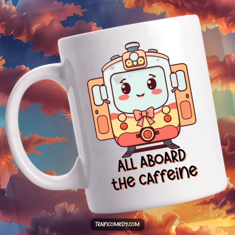 Funny Train Mug: A cheerful train character with open doors bows politely, welcoming passengers with a funny, friendly gesture.