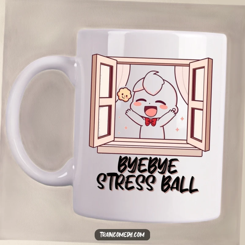 Funny mug showing a giggling cartoon character playfully tossing a small plush toy out of a train window.