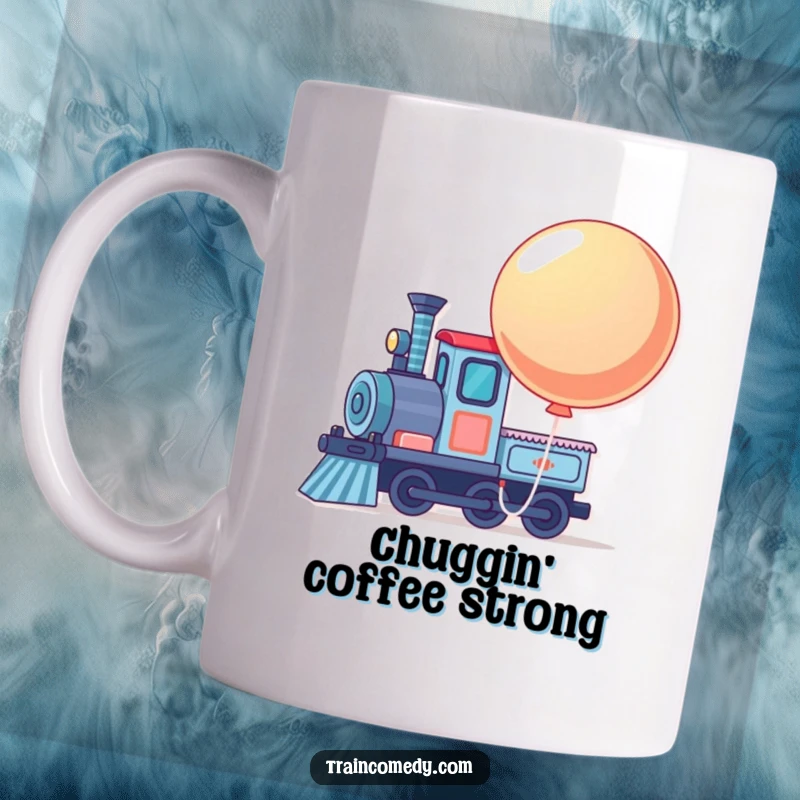 Funny train engine with a large, bouncing balloon tied to its front, smiling on a mug.