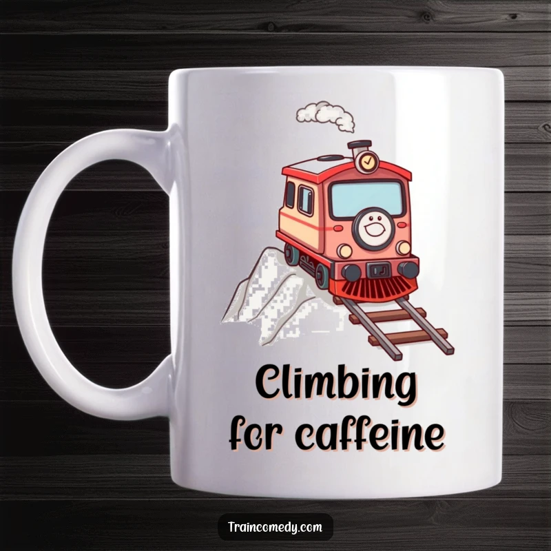 Determined train character chugging determinedly up a steep incline, designed for a funny mug.