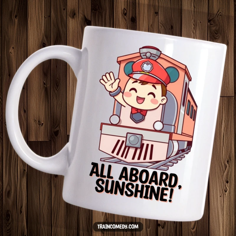 Funny mug of a cheerful train conductor character enthusiastically waving from the front of a train engine, a happy and welcoming design.