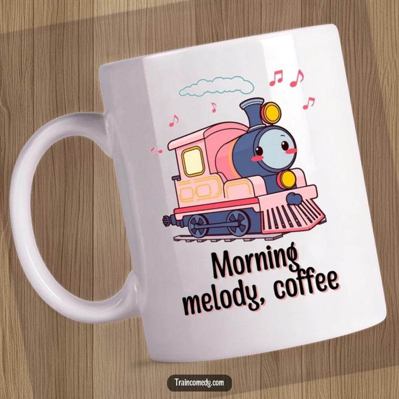 Funny train engine character cheerfully tooting its whistle, leaving a trail of musical notes behind.