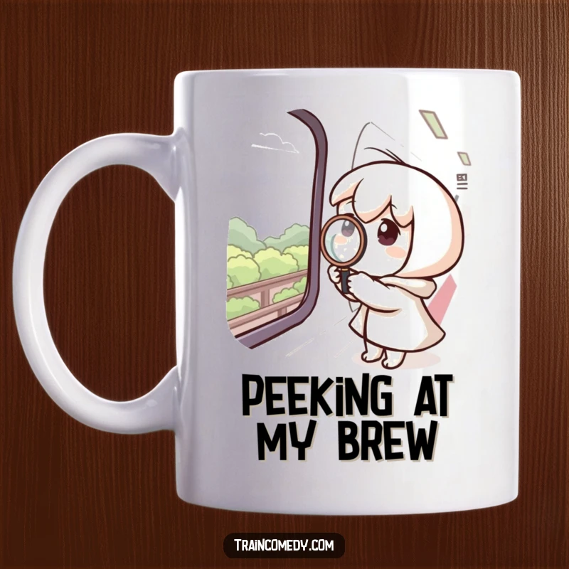 Funny mug with a curious character holding a magnifying glass to a train window, intently observing the passing scenery outside.