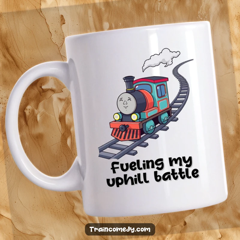 Funny determined train character chugging uphill with sparkling coal, an inspiring and humorous mug for motivated individuals.