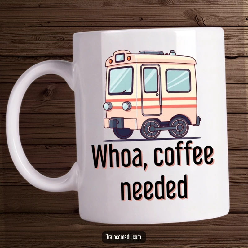 Funny train mug featuring a dizzy train car with wheels spinning blurrily, conveying a humorous sense of disorientation.