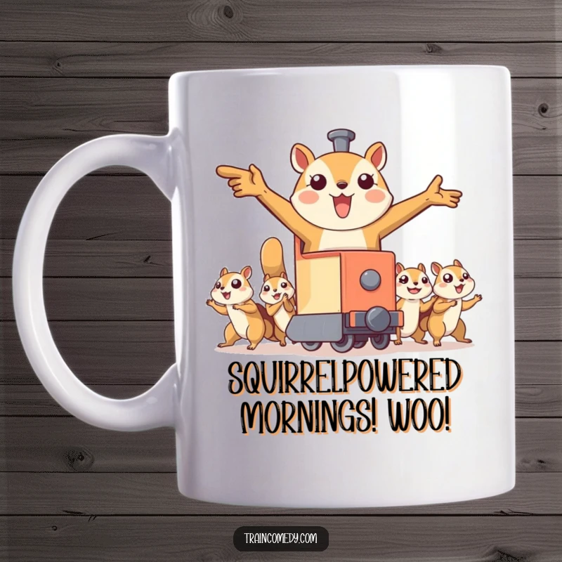 Funny mug featuring a train character with arms outstretched, being pulled by a team of adorable flying squirrels, signifying a fun, unusual adventure.