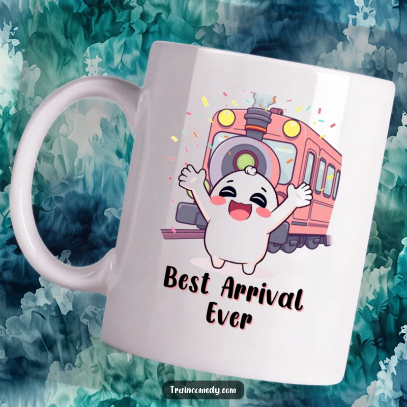 Funny mug with a giggling character raising arms in excitement, confetti falls from a train whistle, pure joy and celebration.