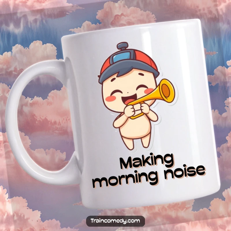 Funny mug with a grinning character happily playing a trumpet shaped like a train horn, emitting joyful music.