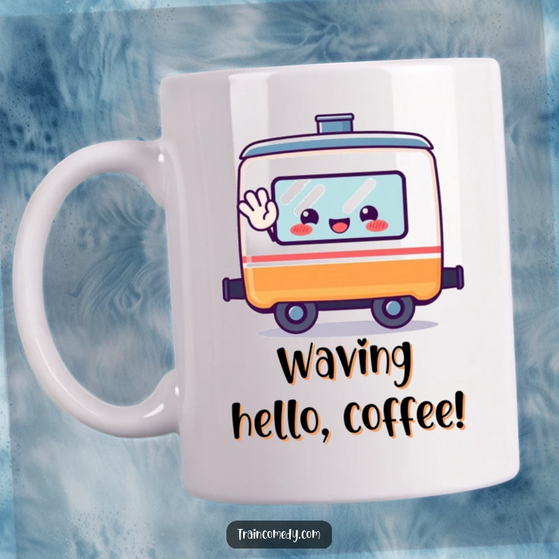 Funny happy kawaii train car character waving friendly from its open window, a welcoming and cheerful design.