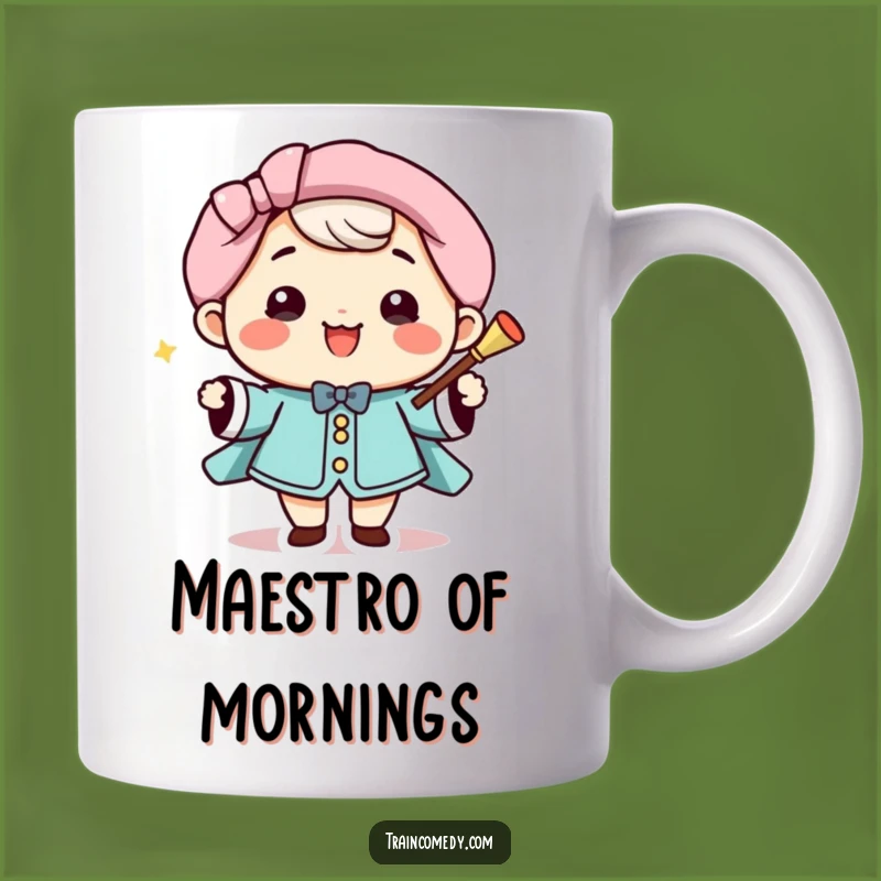 Funny Kawaii Conductor Mug: Smiling character with baton, a perfect funny gift for music lovers.