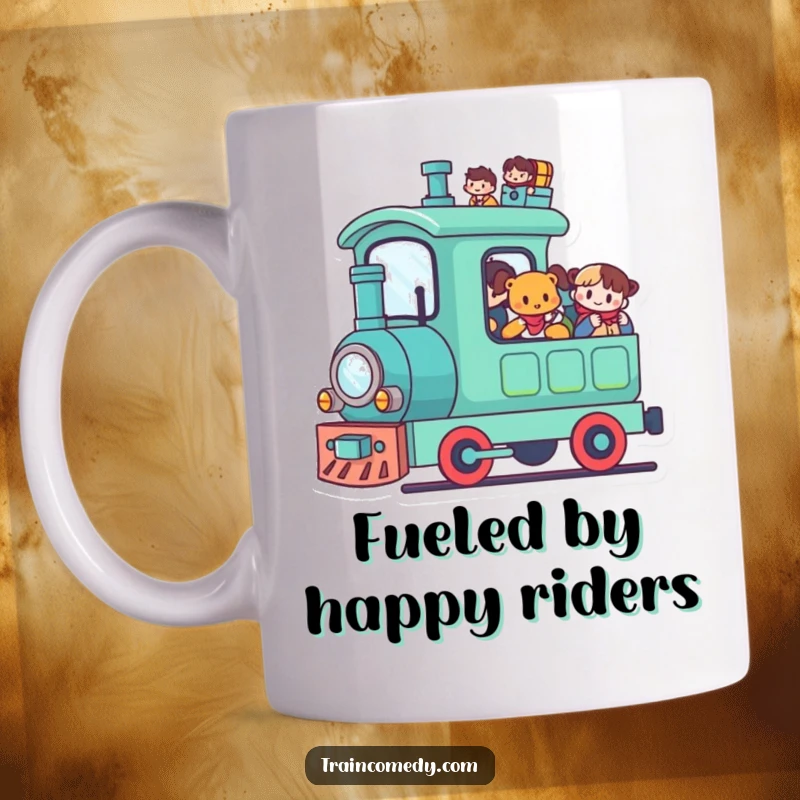 Funny Kawaii Train Mug: A cute kawaii train carries numerous happy passengers, radiating joy and togetherness.