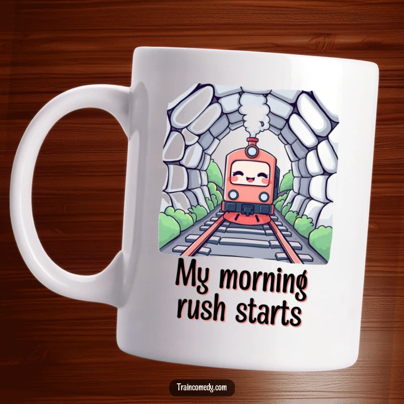 Funny Kawaii Train Mug: A giggling kawaii train character joyfully enters a dark tunnel, full of playful excitement.