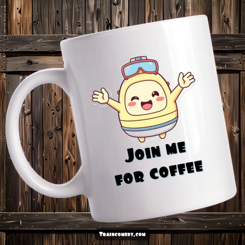 Funny Mug: Cheerful Kawaii character with arms wide open, warmly inviting passengers aboard, a perfect funny gift.
