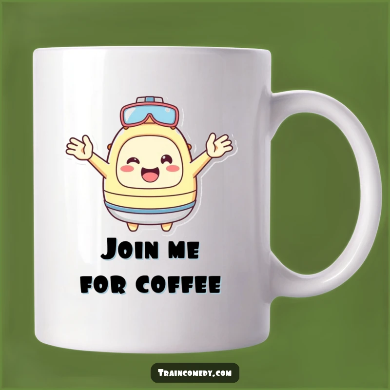 Funny Kawaii Welcome Mug: Cheerful character inviting aboard, a perfect funny gift for hosts.