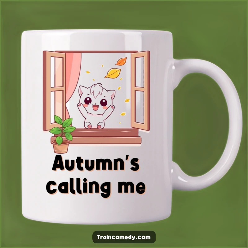 Funny Leaf Catcher Mug: Mischievous charm at the window, a perfect funny gift for playful souls.