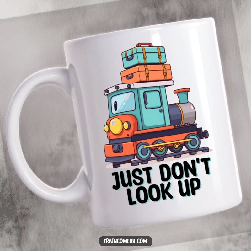 Funny mug of a playful train character humorously balancing a stack of tiny suitcases on its roof, a delightful travel-themed gift.