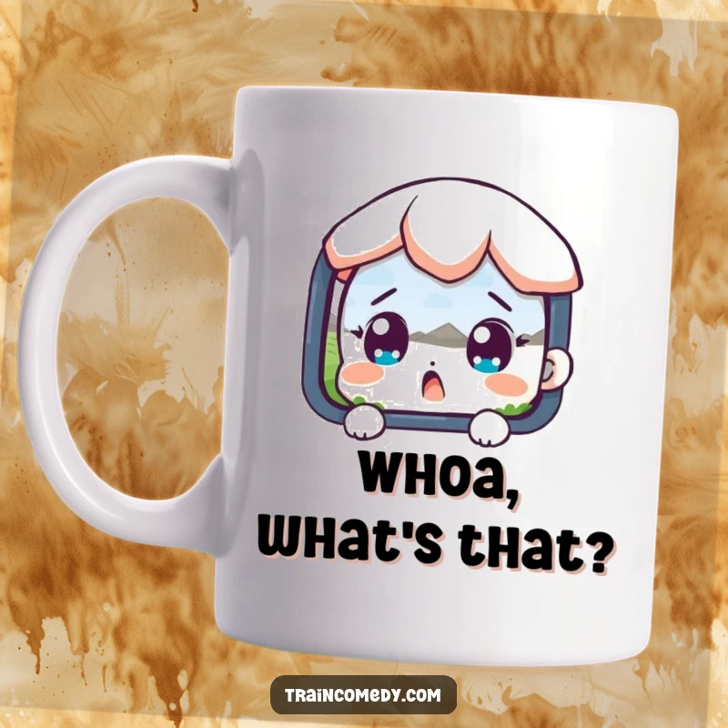 Funny mug showing a surprised cartoon character with wide eyes, looking out at a passing landscape from a train window.