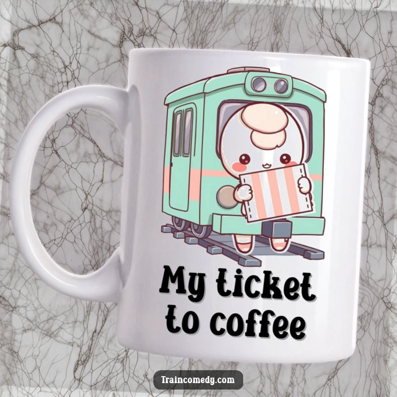 Funny, playful character holding a striped ticket, looking excited to board a whimsical train, featured on a delightful ceramic mug.