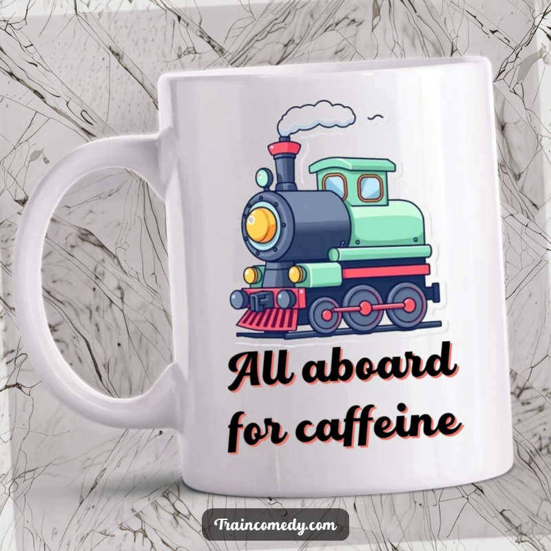 Funny cute train character tooting its whistle with a cheerful puff of steam, a delightful and humorous mug.