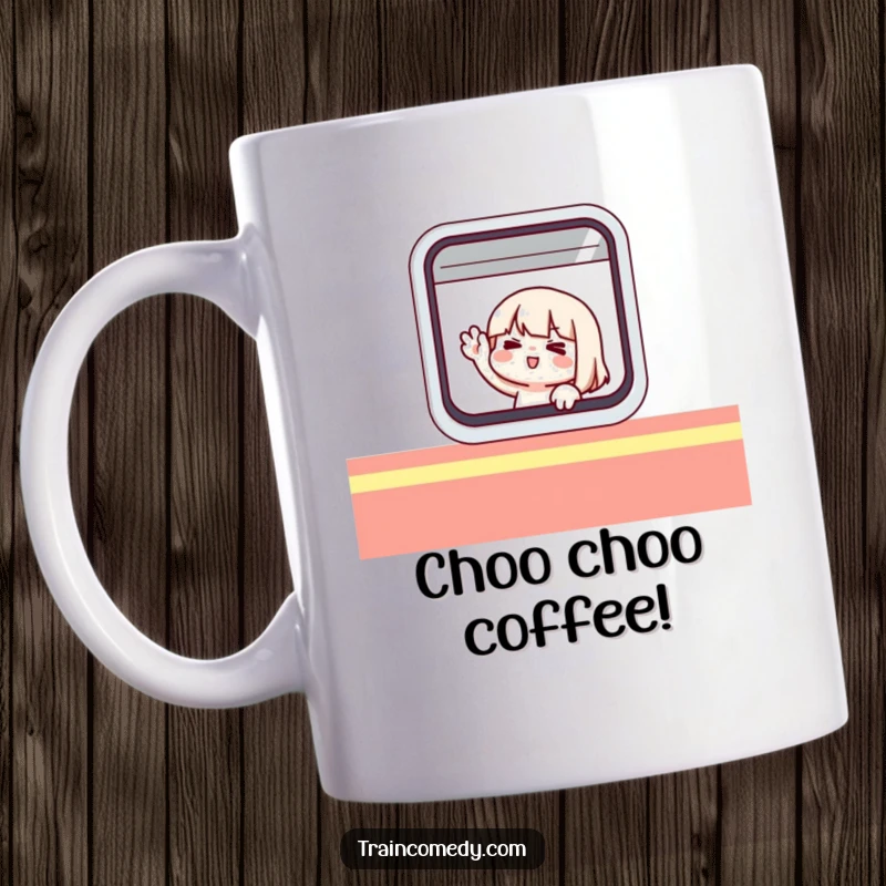 Funny mug showing a cute character comically waving from inside a stylized train window, with a happy expression.