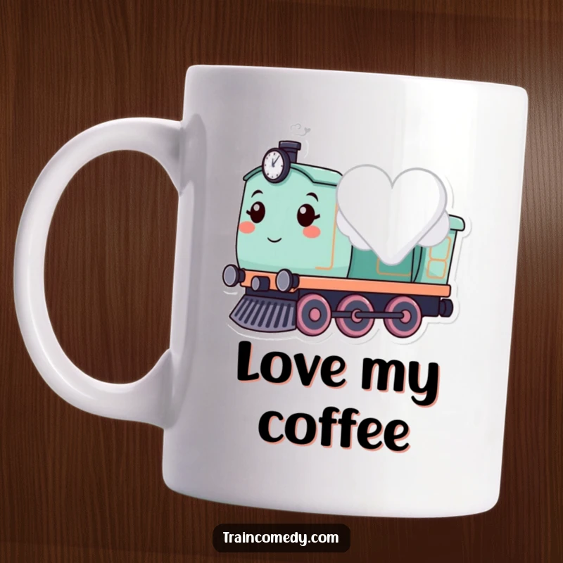 Cute smiling train character puffing out a heart-shaped cloud, designed for a funny mug.