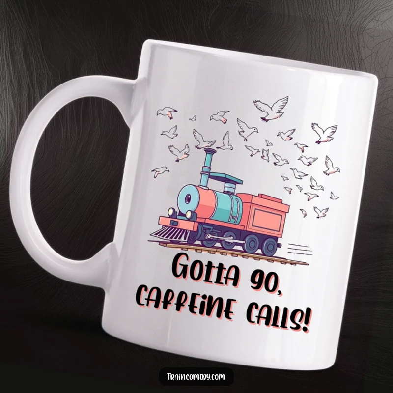 Funny train mug depicting a locomotive playfully racing birds in the sky, a humorous and energetic design for a coffee lover.