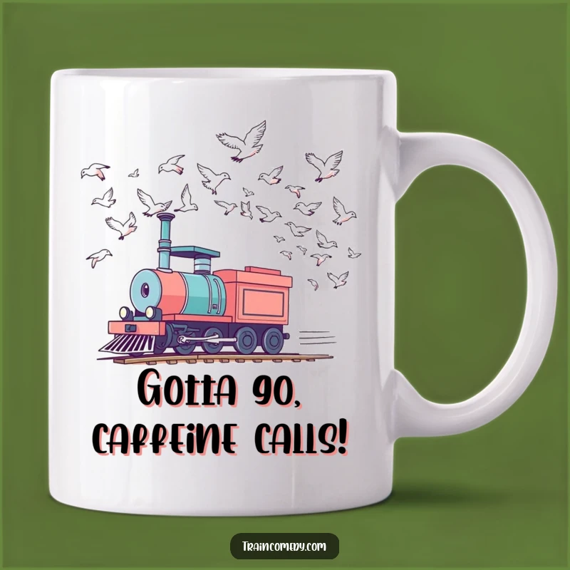 Funny Racing Train Mug - Playful Locomotive vs Birds Gift