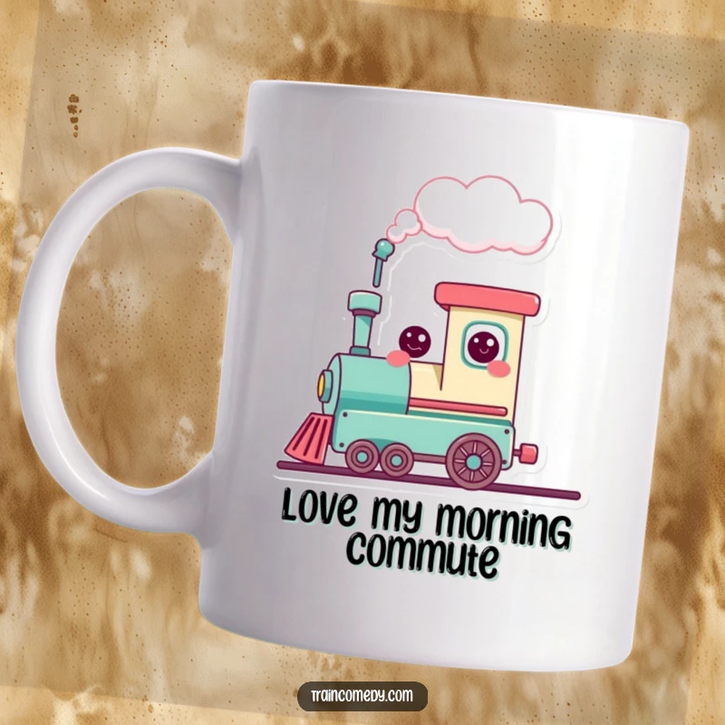 Funny cute train character with a big smile, puffing out a heart-shaped cloud, spreading love and joy, perfect mug gift.