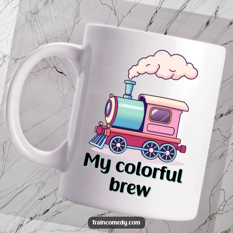 Funny train mug featuring a train engine releasing a puff of colorful rainbow smoke from one chimney. Whimsical and cheerful design.