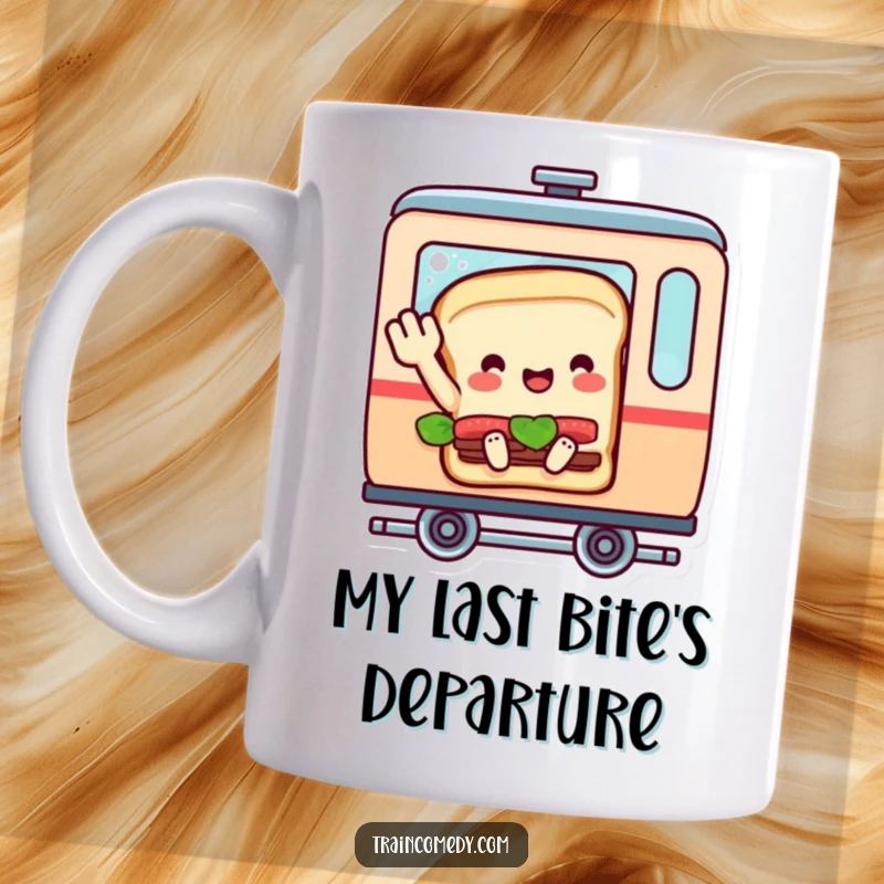 Funny mug with a sandwich character in a train car, cheerfully waving goodbye, embodying a delightful and humorous send-off.