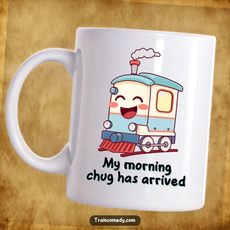 Funny train mug with a comical steam train car laughing heartily, puffing steam from its whistle in a joyful, humorous depiction.