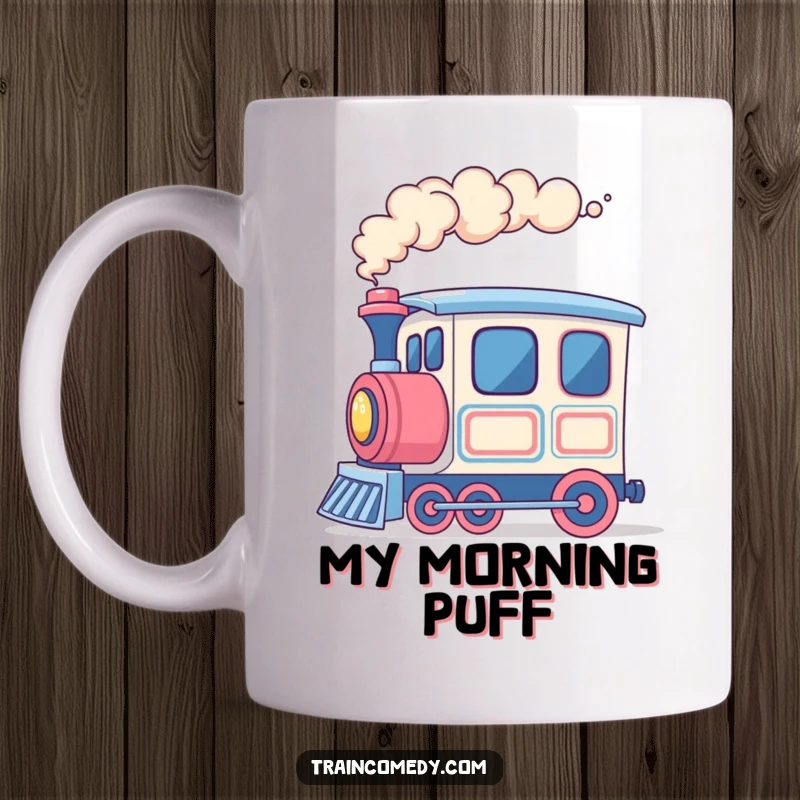 Funny train mug showcasing a cheerful train car blowing colorful smoke rings, exuding joy and forward momentum.