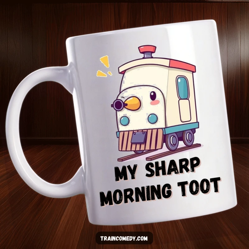 Funny mug featuring a whimsical pencil character comically pretending to be a train whistle, ready to signal a humorous start.
