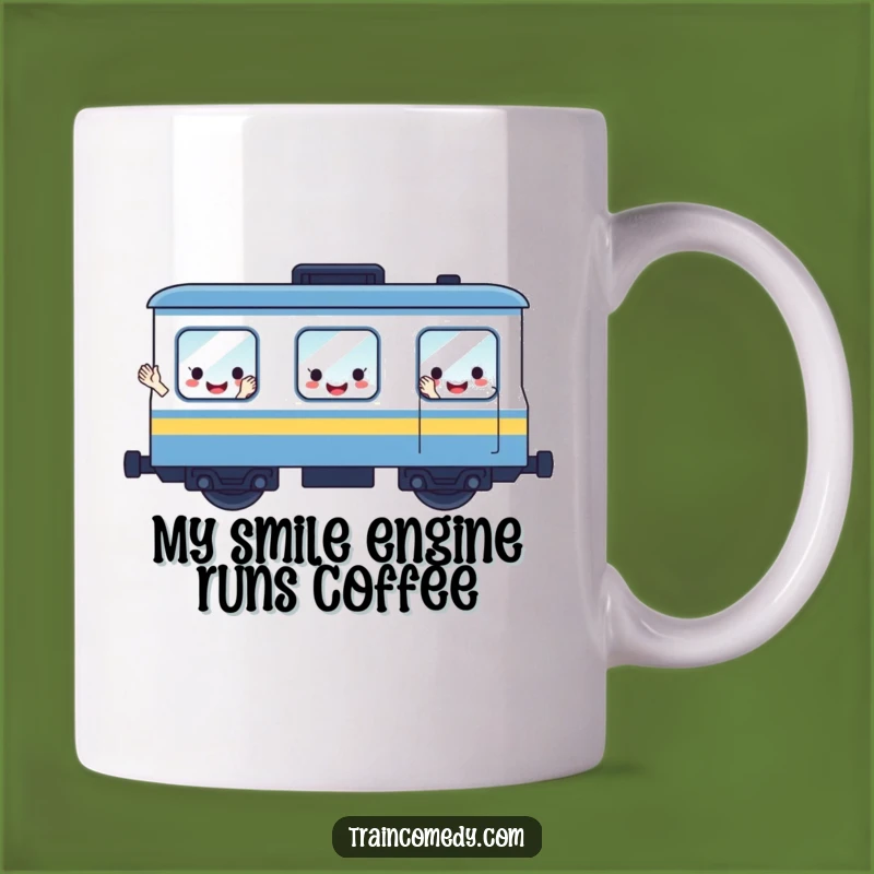 Funny Waving Train Car Mug: A Cheerful, Smiling Face Journey Gift