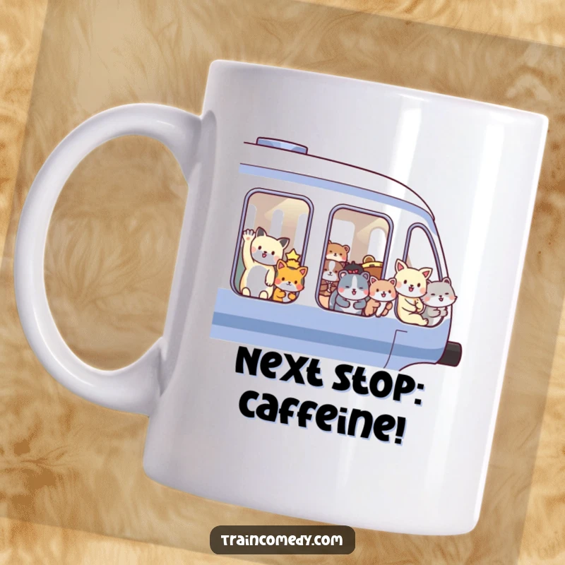 Funny mug with happy animals waving from train windows, enjoying their speedy adventure. A cheerful scene full of movement and joy for any animal or train lover.