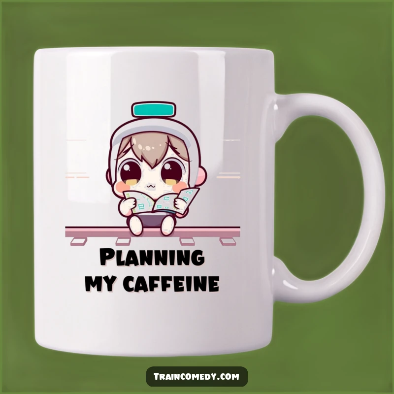 Funny Kawaii Train Map Mug: Curious character exploring, a perfect funny gift for travelers.